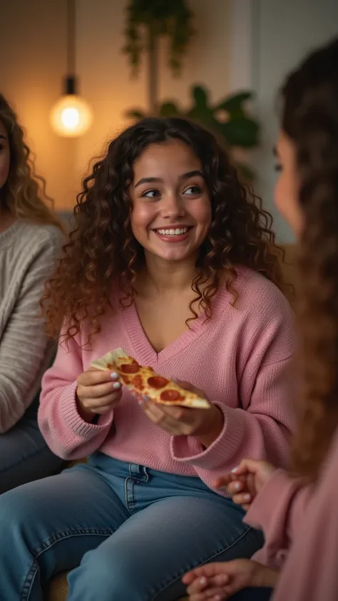 Chubby curvy girl with long and very curly Caucasian hair wearing pink v-neck sweater and greenish brown eyes jeans in the living room laughing with many friends sitting on the couch eating pizza talking to them