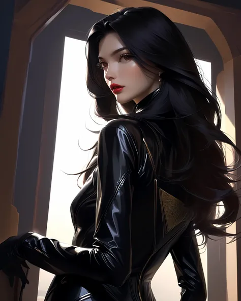  general plan ,  she is away from the camera, centered image:1.5,  a woman with a long ,  straight black hair,  Thick lips,  rosy cheeks , open black leather suit ,
20 years, Depression,  Simple background , ( better quality, 4k,8K, highres,  masterpiece:1...