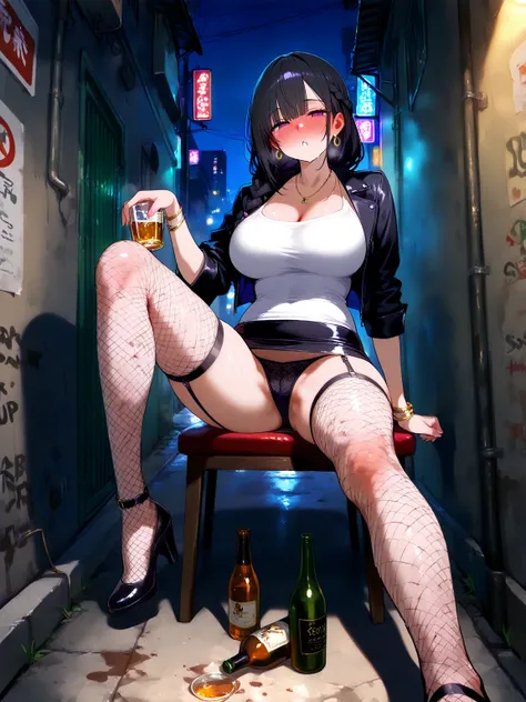 dirty alley, night, girl, black hair, blunt bangs, hair between eyes, braid, purple eyes, dilated pupils, drunk, wide shot, accurate, black short jacket, eye shadow, blush, drunk eyes, shirt with opening in the breasts, bracelets, necklace, earrings, black...