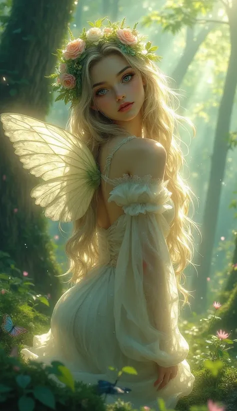 Ethereal forest nymph, luminous skin, flowing hair intertwined with delicate wildflowers, gossamer wings, dappled sunlight through ancient trees, misty woodland glade, iridescent dewdrops, soft pastel color palette, intricate leaf patterns, translucent fab...