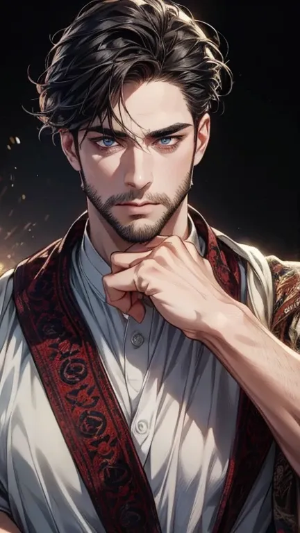 (   Better quality,4K,8k,   highres,   masterpiece:1.2),   ultra-detailed   ,(realistic,photorealistic,photo-realistic:1.37),36-year-old man,3 day beard,cute anime ,Portraits,strong,Masculine,   dark hair,sharp jaw,      mesmerizing eyes      ,   perfectly...