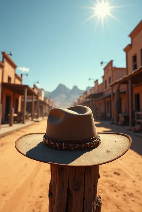 Create an image of a cowboy hat in a western village with a scorching sun and hot climate 