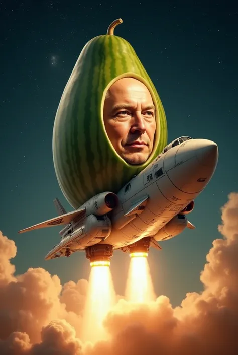 Elon Musk's face in the shape of a melon and riding his company's rocket