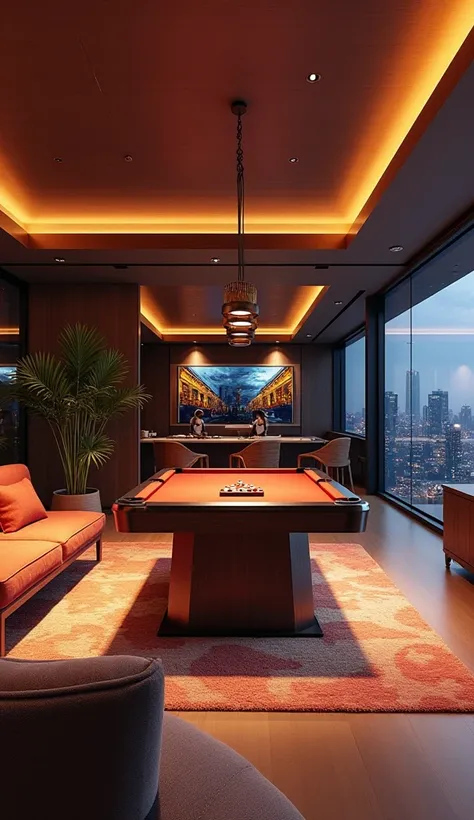 Game Room for working professionals 4k chic and elegant bachelor pad a bit vibrant 