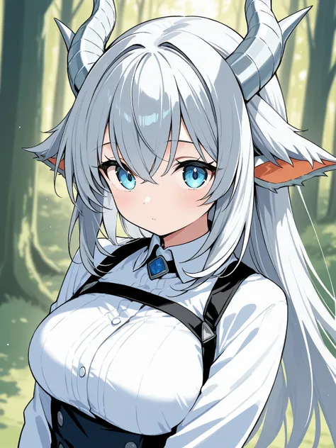  White dragon girl ,  blue eyes, black lashes ,  sharp ears and four horns,  silver mane , looks cute,  high resolution ,  green forest background .