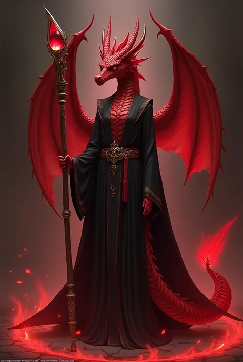  At the Wizarding World School ， A red dragon-shaped human being walking upright on two legs ，The head should be like a dragon ，woman，The body naturally grows dragon scales ，Well-eyed ，No wings，比较slim，Flat chest，A creature that wears a black mage costume ，...