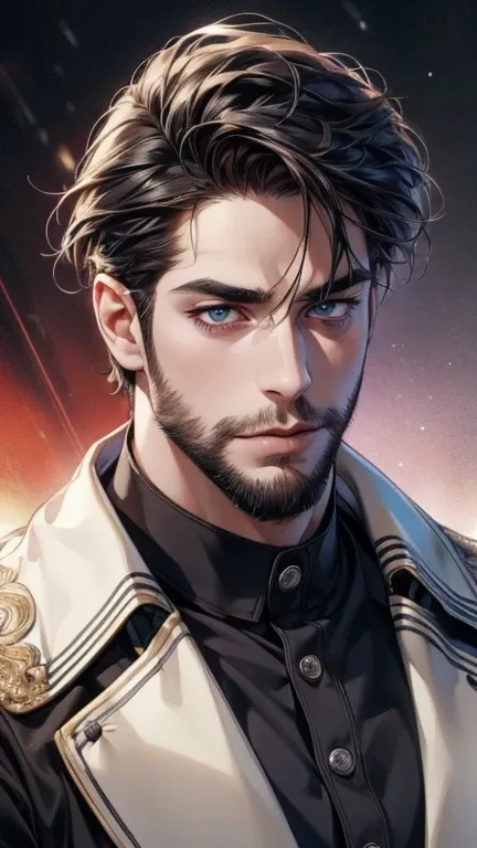 (  Better quality,4K,8k,  highres,  masterpiece:1.2),  ultra-detailed  ,(realistic,photorealistic,photo-realistic:1.37),36-year-old man,3 day beard,cute anime ,Portraits,strong,Masculine,  dark hair,sharp jaw,    mesmerizing eyes    ,  perfectly combed hai...