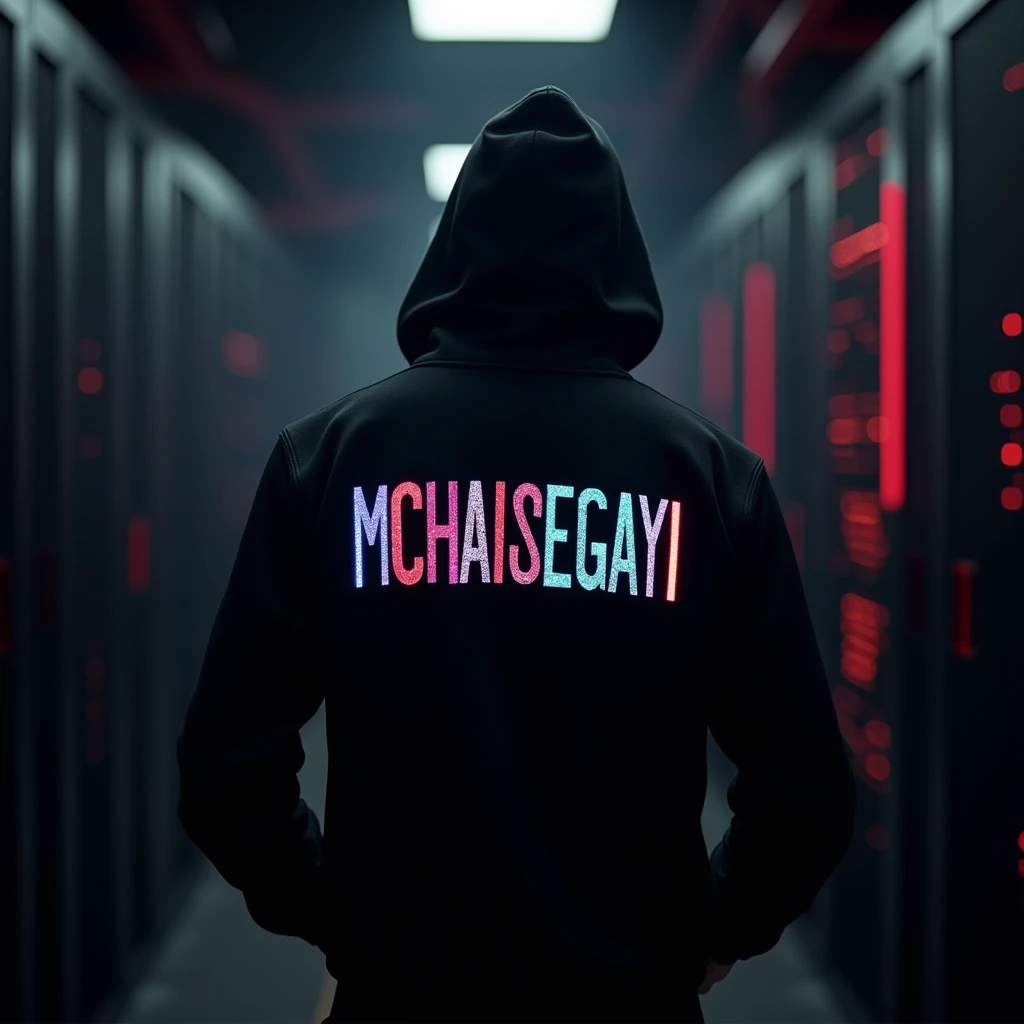 The hacker wore a black hoodie with the words McHaisegayi seven colors in capital letters on the back