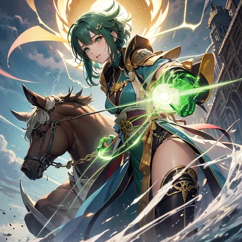 masterpiece, best quality, high resolution, dynamic angles, various angles, Japanese manga style, Japanese anime style, Western medieval fantasy style, On top of the tower、Lightning strikes the sky in the background 。 caught by a green jewel 、 dazzling yel...