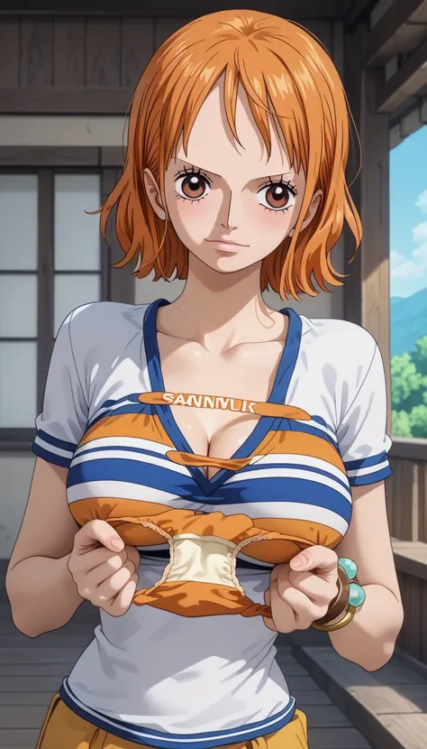  score_9,  score_8_ up the side,  score_7_ up the side,  source_Anime,  (Anime coloring, Anime screencap:1.2),  flat color,    megami magazine  ,   shiny skin ,We ( One Piece),  short hair,  orange hair,  brown eyes, Chest,  striped shirt,  white shirt, Sh...