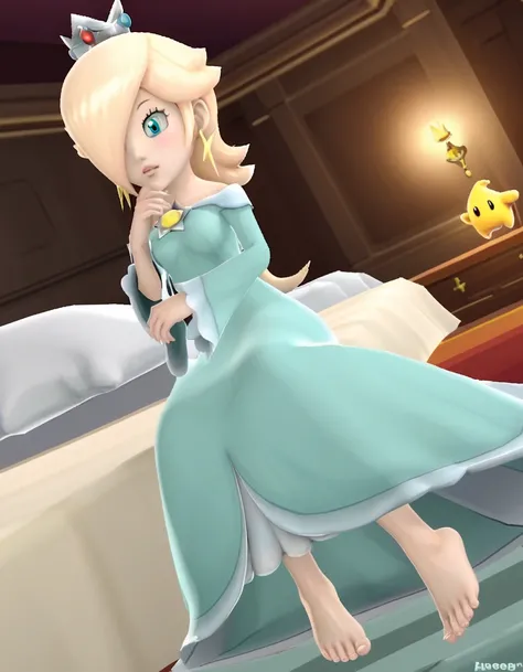 score_9, score_8_up, score_7_up, source_anime, rosalina, blonde hair, blue eyes, hair over one eye, long hair, 3d, blue dress, crown, dress, earrings, jewelry, princess, robe, star earrings, indoors, bed, bed room, on side, blush, feet, barefoot, elbow up,...