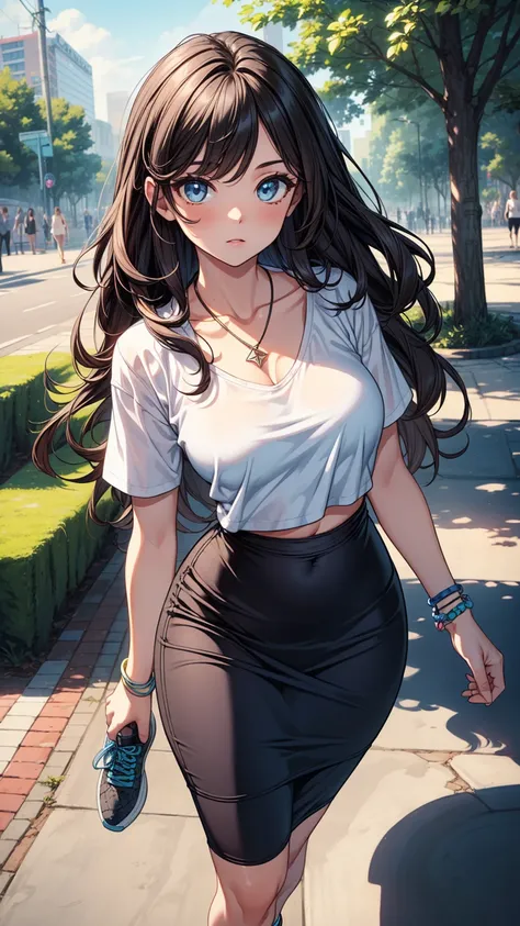 ((masterpiece, best quality:1.3, high detail)), beautiful woman, long wavy hair, (dark hair), hairpin, bright eyes, (white t-shirt, tight clothes), (blue pencil ((skirt)), necklace, bracelets, collarbone, sneakers, outdoors, park,