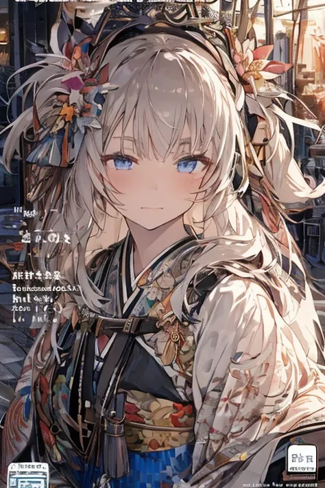 (from below:1.3,Best Quality),a girl ,kimono uniform:1.5 ,platinum color hair,Purplish  blue eyes that dreamers desire, small stature, medium tits , Lori face, (masutepiece:1.2, Best Quality), (finely detailed beautiful eye: 1.2), (beautifull detailed face...