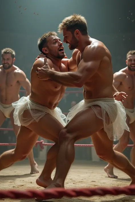 Small  boy bodybuilders wrestlers wrestling royal rumble in their white colour brief underwears and transparent scottish klit 