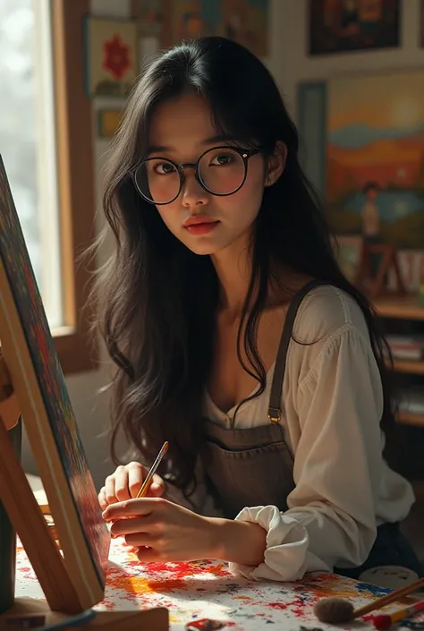 Make an image of a beautiful female artist with black hair and lenses painting an oil painting 