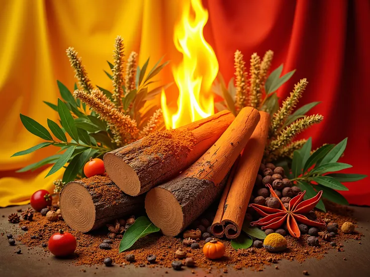  background of yellow and red fabrics with a fiery style, with the presence of wooden logs,  cinnamon sticks , patchouli ,  bergamot , Menta,  with the intention of presenting a logo  