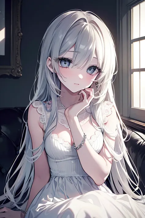 a lonely girl sitting alone in a dark room, beautiful detailed eyes, beautiful detailed lips, extremely detailed eyes and face, long eyelashes, depressed expression, wearing a white dress, ray of light coming through window, dramatic lighting, muted color ...