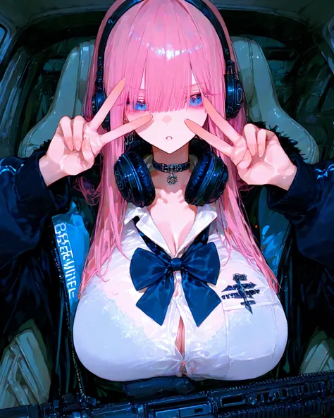 8K wallpaper、 Masterpiece、最     high quality    、     high quality    、 absurd、 latest、     in the seat、  beautiful skin、   headphones 、  school uniform、 earrings、  choker、  pink hair、 long hair、 blue eyes、  beautiful eyes、  Underbob    、   very big breast...