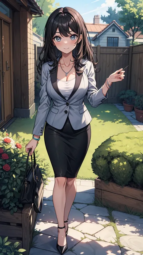 ((masterpiece, best quality:1.3, high detail)), beautiful woman, looking at viewer, light smile, long wavy hair, (dark hair), hairpin, bright eyes, (grey blazer), (black pencil ((skirt)), necklace, bracelets, collarbone, high heels, backyard