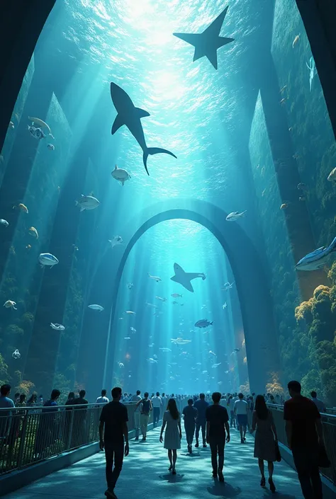 generate a high resolution image of "underwater aquarium dubai" People visiting the aquarium, realistic image