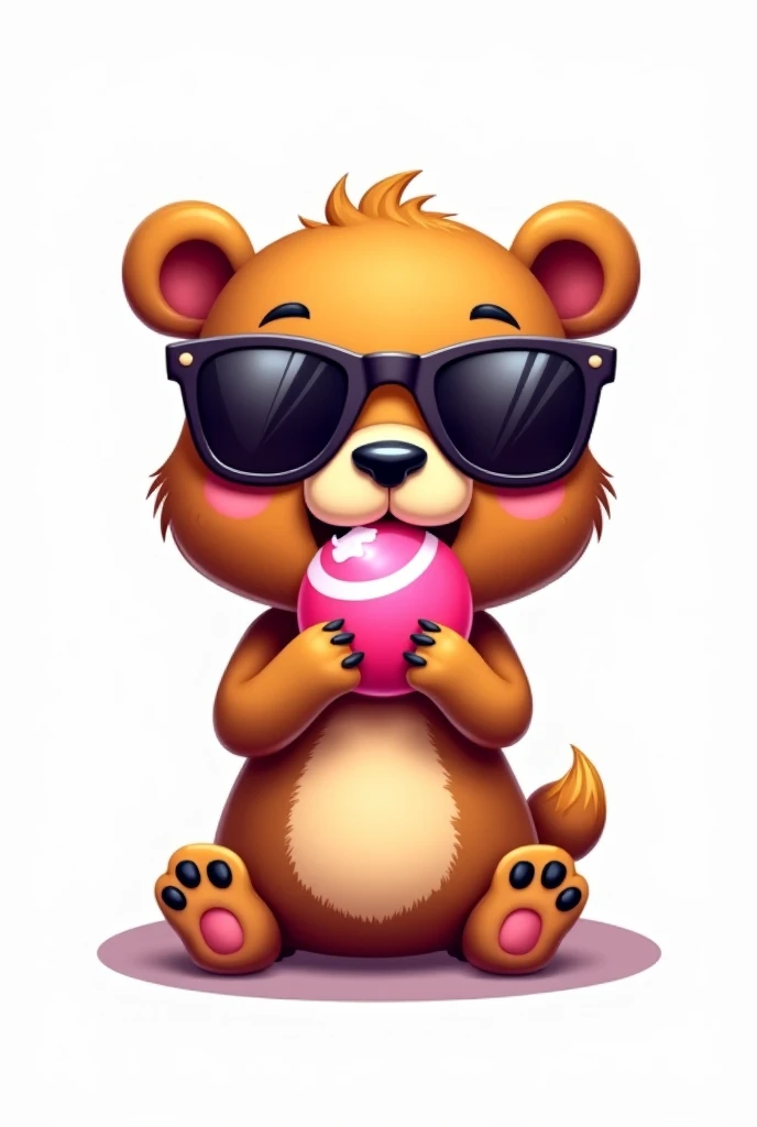 Bear cub painting logo in half cool sunglasses eating candy without coloring on white background