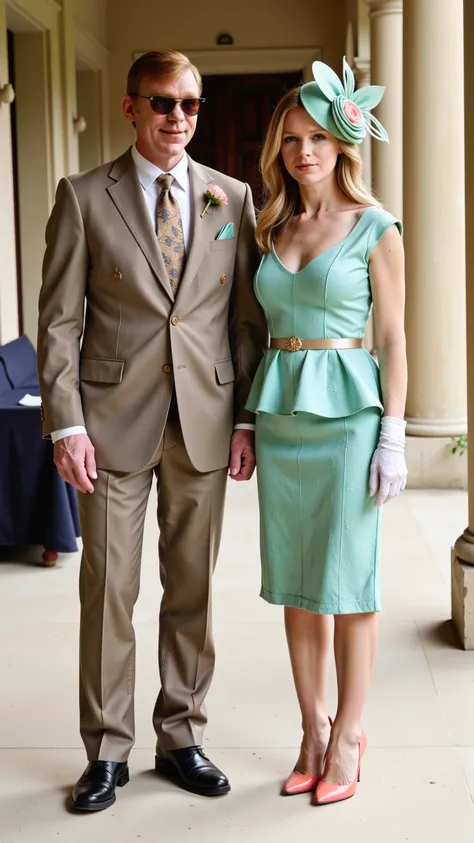 A full body photograph of the father and mother of the bride at a luxurious spring wedding in France at the Chateau de Chambord. Horatio Caine the father is wearing a khaki Tom Ford double breasted linen suit with a subtle muted sage pinstripe. the jacket ...