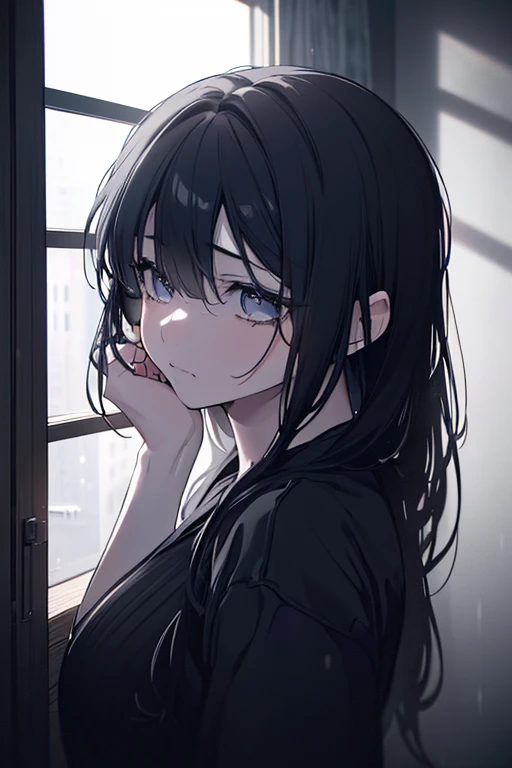 a depressed girl, dramatic pose, emotional expression, window, rain outside, moody lighting, dark colors, (best quality,4k,8k,highres,masterpiece:1.2),ultra-detailed,(realistic,photorealistic,photo-realistic:1.37),cinematic lighting,dramatic shadows,somber...