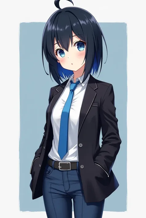 28-year-old anime girl with black hair and a blue tuft and blue eyes and black jacket and white shirt and blue tie and jeans 