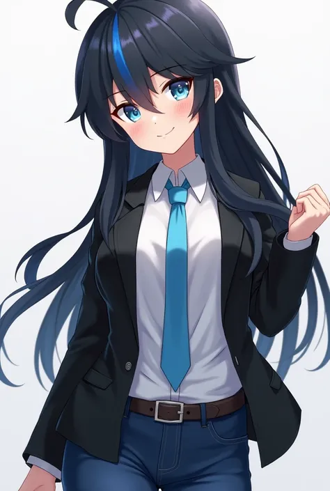 28-year-old anime girl with black hair and a blue tuft and blue eyes and black jacket and white shirt and blue tie and jeans 