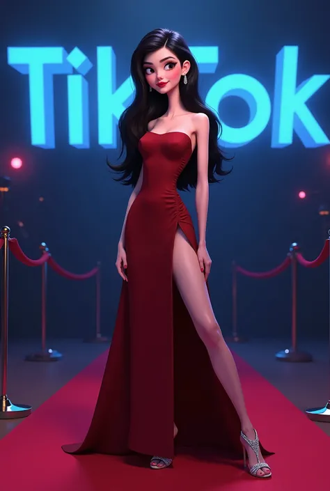 Woman 30 years old, long black hair, wearing long strapless dark red taffeta gown wide skirt with side slit leg and rhinestone high heel open sandals at red carpet TIkTok awards. With blue neon background that reads “TikTok Awards”

Pixar Cartoon 