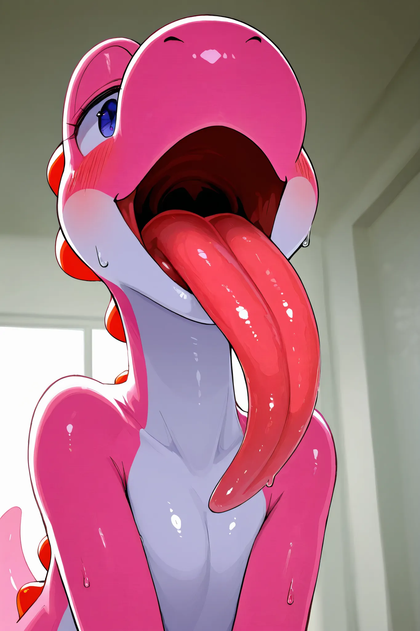 1character\(yoshi\),body color pink,(dynamic pose:0.25,pose of temptation:0.75),blush,sweat, blush, narrow
eyes, open mouth,long tongue,out,masterpiece, best quality, 8k, highres, ultra-detailed,HDR, UHD, professional, vivid colors,general