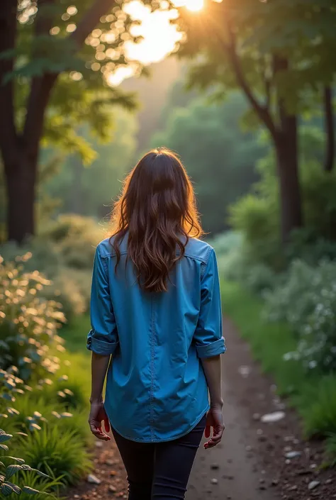 arafed woman walking through a garden with a blue shirt, girl walking in forest, environmental portrait, amidst nature, photo of the girl, mid shot portrait, cinematic outfit photo, girl standing, girl walking in dark forest, high quality portrait, girl wa...