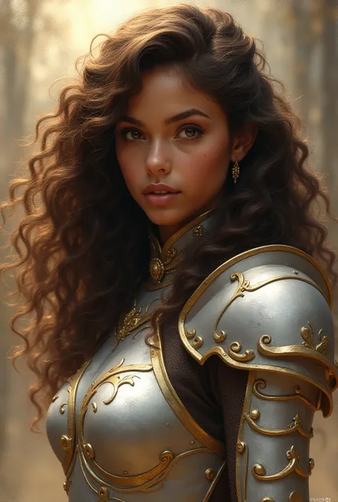 Beautiful girl,  wearing light ry armor, brown curly hair and brown skin