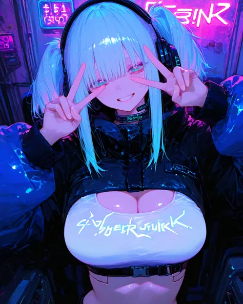 8K wallpaper、Masterpiece、最   high quality  、   high quality  、 very aesthetic、   absurd、 latest、   in the seat、 Professional Gamer、 light blue hair、 blue eyes、 twin tail hair、 headphones、 headset、 short jacket colored in neon very big breasts、smile、、  cybe...