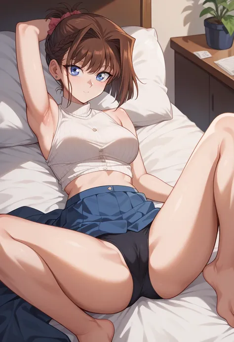 masterpiece, high definition , top quality,8k
(Anzu, brown hair, blue eyes)
  showing armpits, spread legs                         