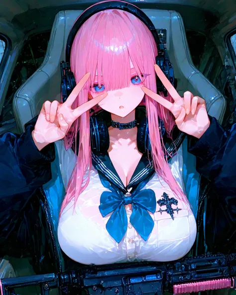 8K wallpaper、 Masterpiece、最     high quality    、     high quality    、 absurd、 latest、     in the seat、  beautiful skin、   headphones 、  school uniform、 earrings、  choker、  pink hair、 long hair、 blue eyes、  beautiful eyes、  Underbob    、   very big breast...