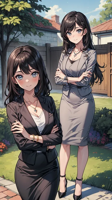 ((masterpiece, best quality:1.3, high detail)), beautiful woman, looking at viewer, light smile, long wavy hair, (dark hair), hairpin, bright eyes, (grey blazer), (black pencil ((skirt)), necklace, bracelets, collarbone, high heels, backyard