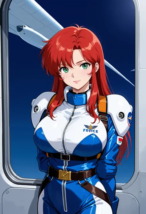  Masterpiece, 最 high quality,  high quality,  1 girl,Alone,cowboy shot, standing, is staring at the viewer,Air Force base ,( Retro Style :0.7),
Christina,Red Hair,  split bangs, GREEN EYES,lips, big breasts, military, pilot suit, BODYSUIT, harness belt , C...