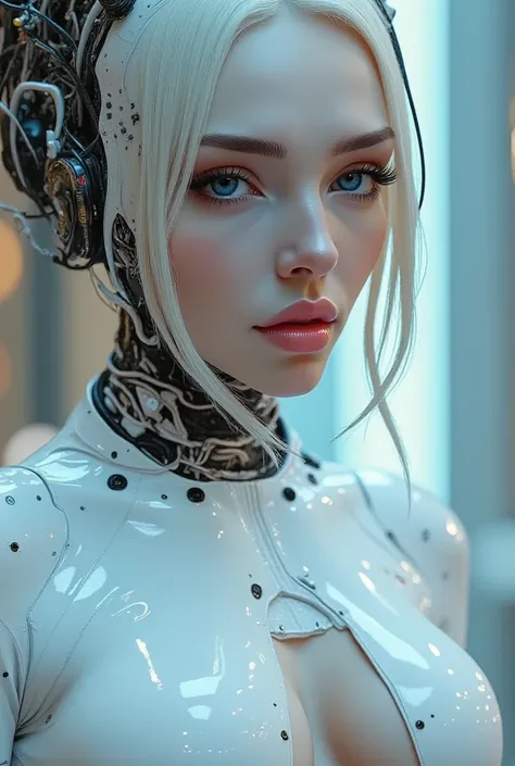 a beautiful relaxed woman, long blonde hair and mesmerizing eyes, ultrathin flexibile high tech white suit,special liquid material like latex,all body countours are visible,sci-fi fetish,symetrical clothes,large sagging breasts,looking at camera, posing, e...