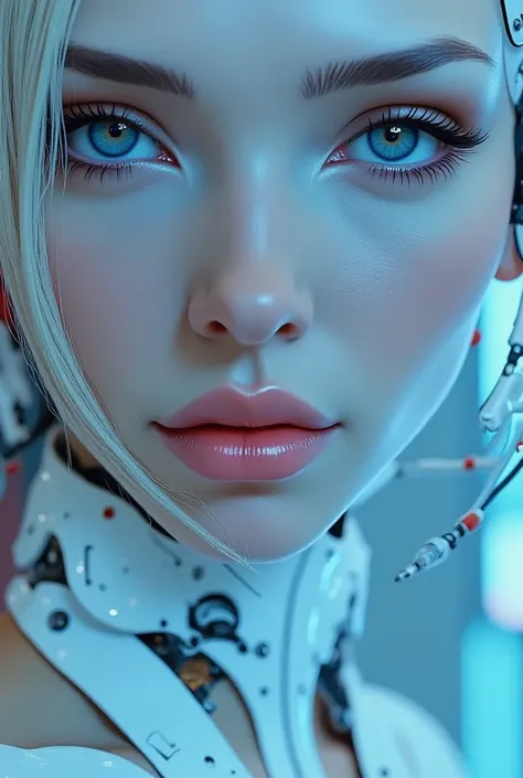 a beautiful relaxed woman, long blonde hair and mesmerizing eyes, ultrathin flexibile high tech white suit,special liquid material like latex,all body countours are visible,sci-fi fetish,symetrical clothes,large sagging breasts,looking at camera, posing, e...