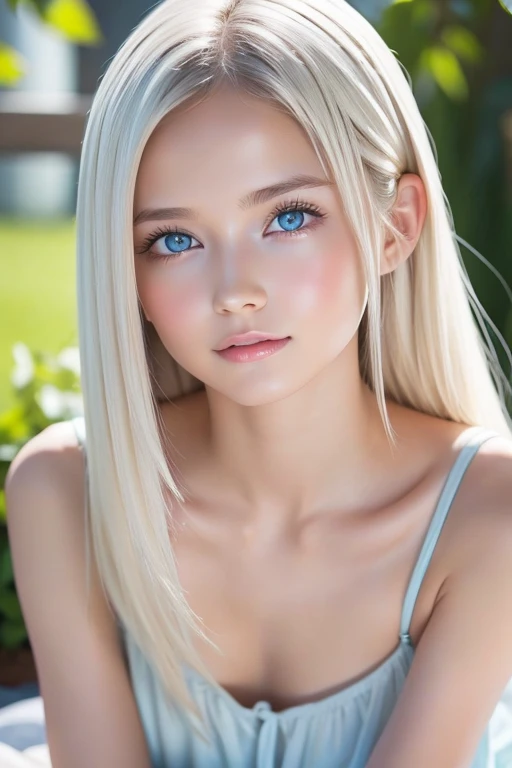 Authentic photo quality、 beautiful girl、 Extraordinary Sexy Beauty、Beautiful, gentle and bright expression、 sexy fresh look 、 perfect beautiful cute face with long bangs、super long platinum blonde straight silky hair、 beautiful facial hair 、 very cute beau...