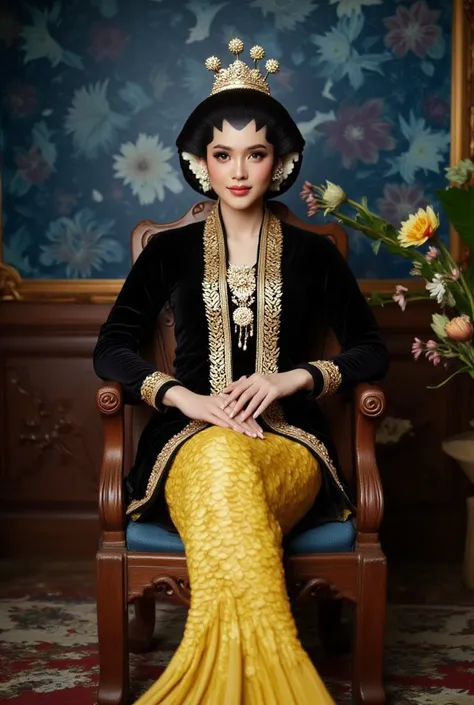 (masterpiece, best quality:1.2), 1girl, Alone, black Javanese Traditional, sitting, flower, blur colorful background, yellow mermaid, yelow mermaid tail below waistline, scales yellow mermaid tail below waistline, looking at viewer, sit at throne, happy fa...