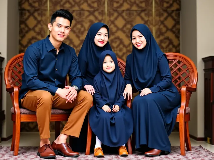 A charming Muslim family portrait set in a decorated indoor space, where each member is seated on individual wooden chairs. The handsome father sits with dignity in his navy blue shirt, brown pants, and matching brown shoes. His beautiful wife radiates gra...