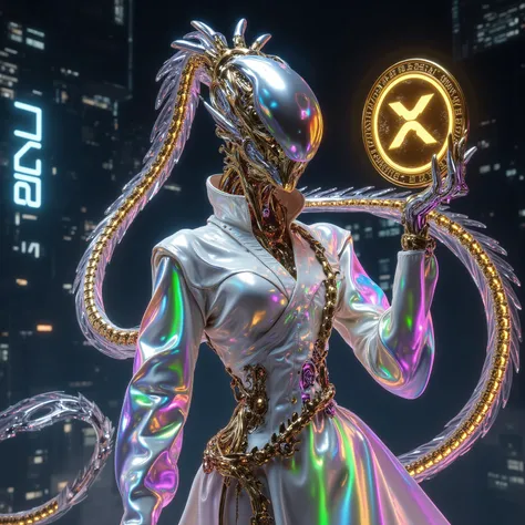 A confident and stylish female extraterrestrial stands out with futuristic elegance. His form is fluid and non-human, featuring smooth skin that changes color among platinum, gold, white, or silver, depending on the surrounding lighting. Each image should ...