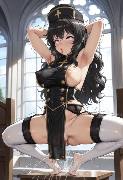 Masterpiece, 1 girl, Alone,  black hair、 red colored ingrown hair,  ,( long hair, wavy hair),(tongue out:1.3), Sister ,Monastic Clothes,hat, garter belt,(Armpits to feet , slit:1.5),(Sideboob:1.4),(flank:1.2)(covered nipples, hard nipples,hard nipples),( h...