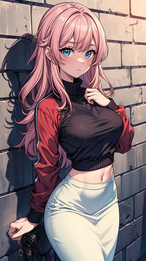 ((((masterpiece, best quality:1.8, high detail)))), beautiful woman against wall, solo focus, one person only, long wavy hair,, pink (red) hair, (blue sweatshirt), (white midi pencil skirt), (long white pencil skirt:1.2), long skirt, midriff, navel, wide h...