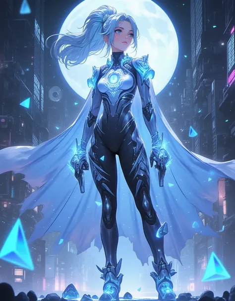 Cinderella stands as a bold and futuristic anime heroine in a shimmering cyberpunk warrior fusion suit. The suit is a stunning blend of metallic silver and sky blue, with glowing glass-like armor pieces on her shoulders, arms, and boots, evoking the feel o...