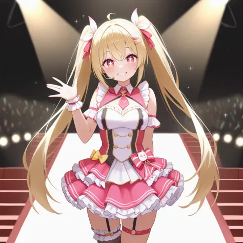 Cute anime-style girls。 blond twin tails
with  、 Big Sparkling Eyes 。Cheerful smile
with 、 wearing an idol costume with lots of frills 。 steps
Hold the microphone on the jig and wink your hand while 、
Waving 。 The background is a live stage with colorful s...