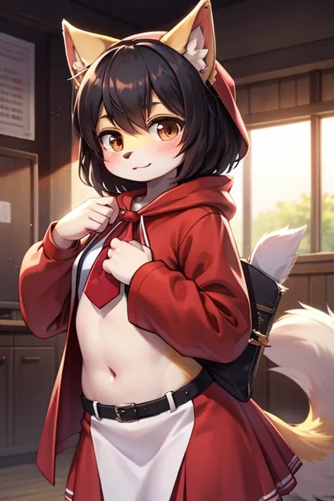  top quality,   super high resolution,(( cute middle school girl)),Wolf、Wolf耳、Wolf尻尾、 semi-long black hair, brown eyes, Little Red Riding Hood,white and red costume、