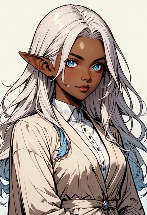 Female, long hair, white hair, brown skin, blue eyes, solo, pointed ears